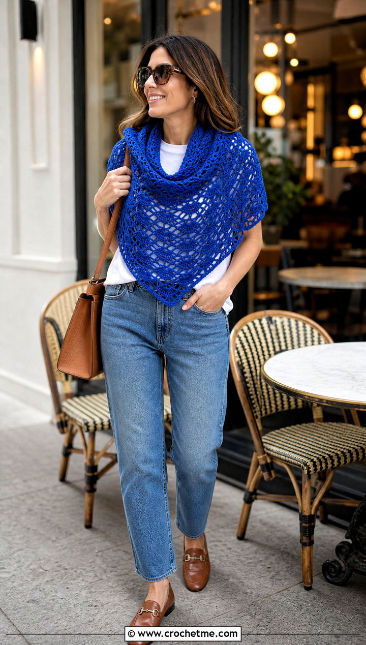 Classic Triangle Virus Shawl With Jeans And Loafers - 15 crochet virus shawls outfit ideas