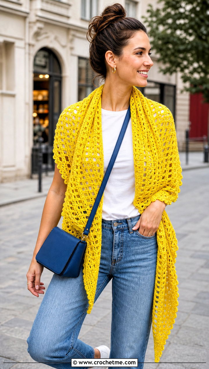 Classic Triangle Virus Shawl With Jeans - 35 crochet virus shawl outfit ideas