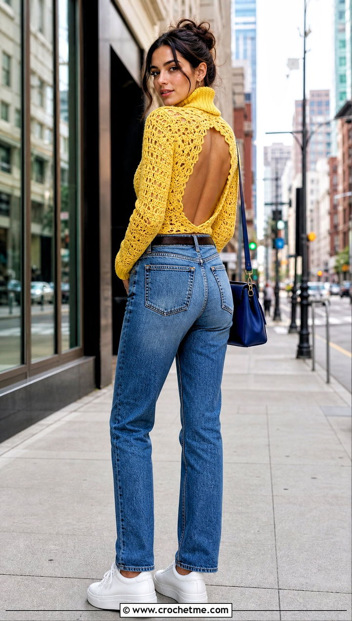 Classic Turtleneck Virgin Killer Crochet Sweater With Straight Jeans - 15 virgin killer crochet sweater outfit ideas