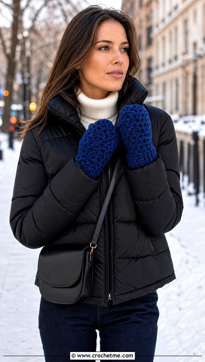 Classic Velvet Crochet Mittens With Puffer Jacket - 20 velvet crochet mittens outfit ideas