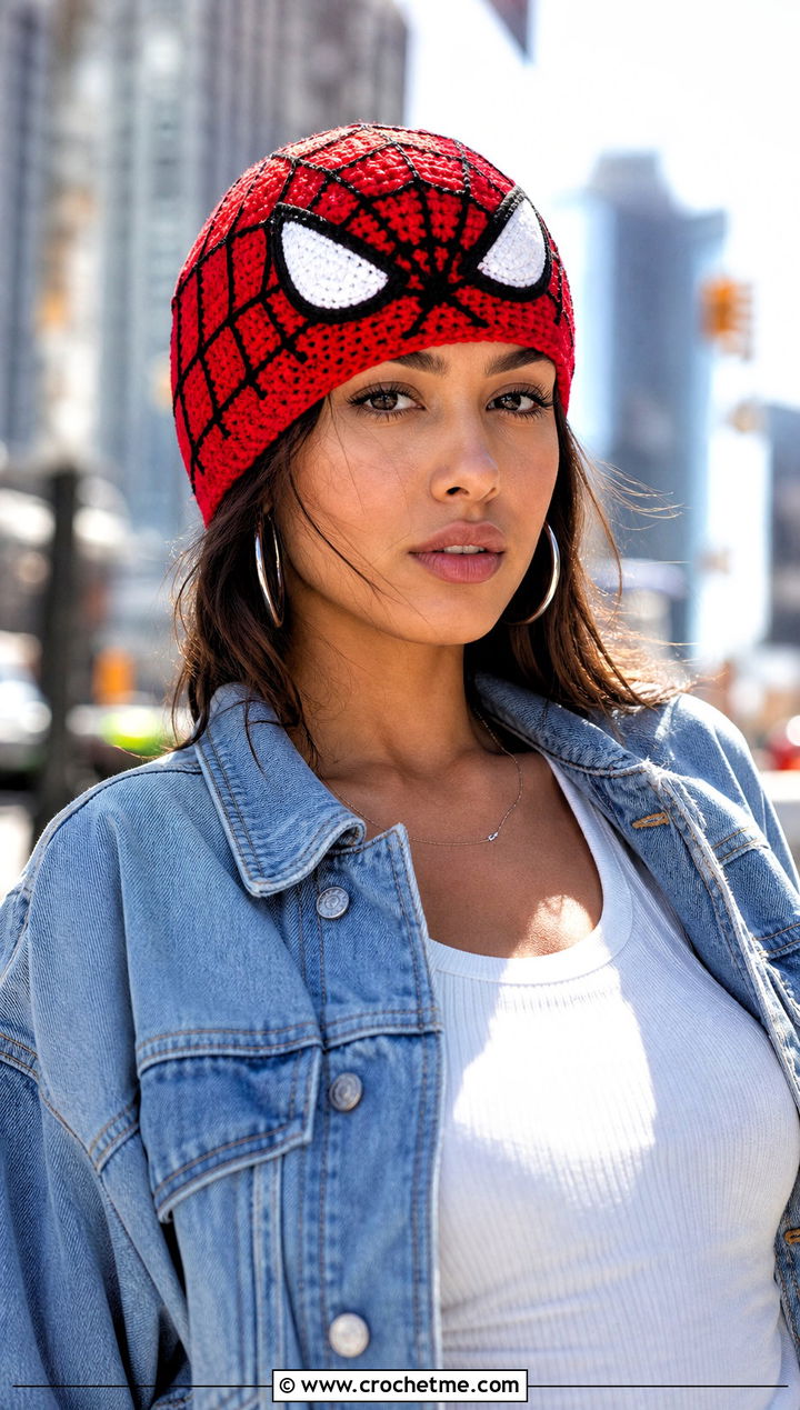 Classic Web Spider Man Beanie With Denim Jacket - 15 Crocheted Spider Man Hat outfit ideas