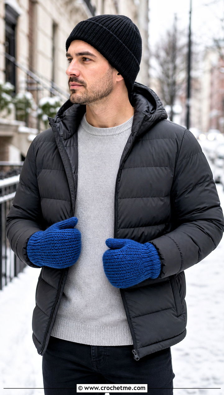 Classic Wool Crochet Mittens With Puffer Jacket - 25 crochet mittens for men outfit ideas