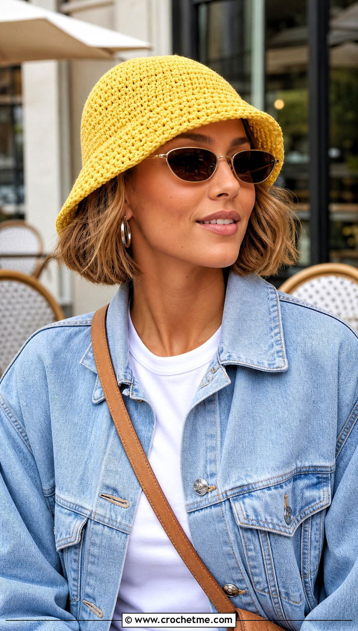 Classic Yellow Crochet Bucket Hat With White Tee And Jeans - 30 yellow crochet bucket hat outfit ideas
