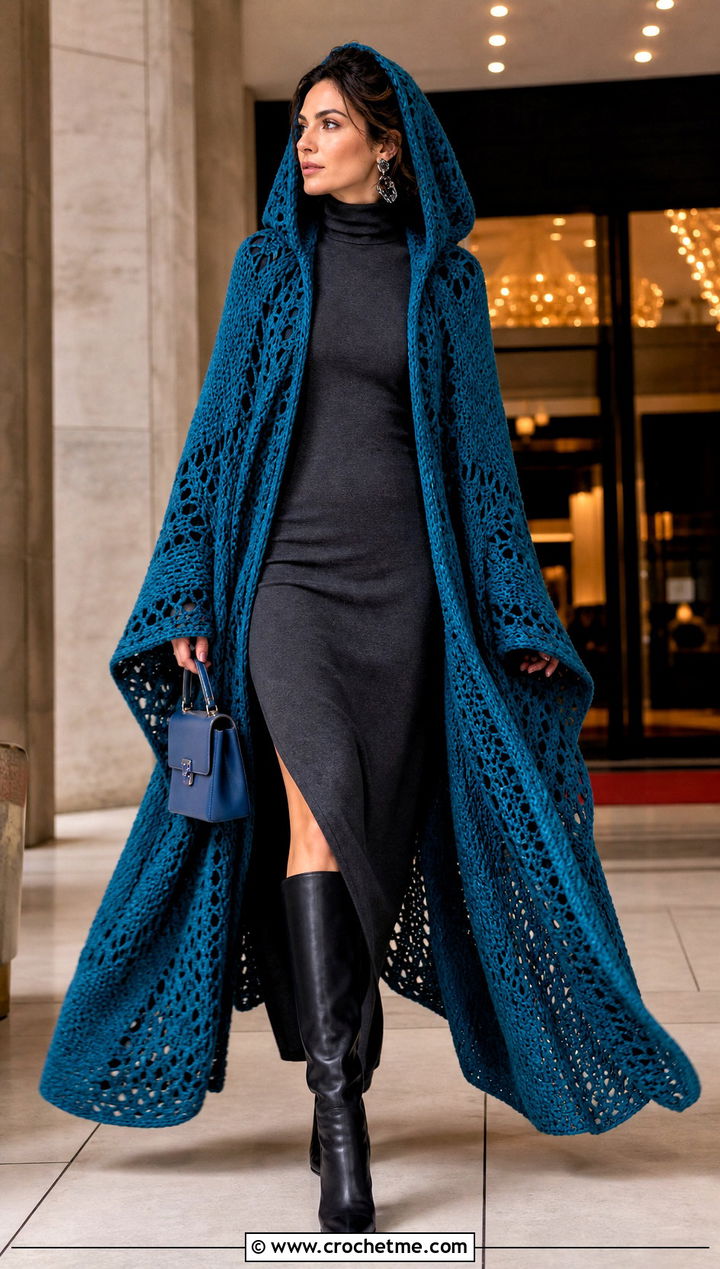 Cloak Hooded Crochet Ruana With Turtleneck Maxi Dress - 20 Hooded Crochet Ruana outfit ideas