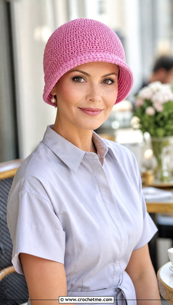 Cloche Crochet Chemo Cap With A Line Shirt Dress - 20 Crochet Summer Chemo Caps outfit ideas