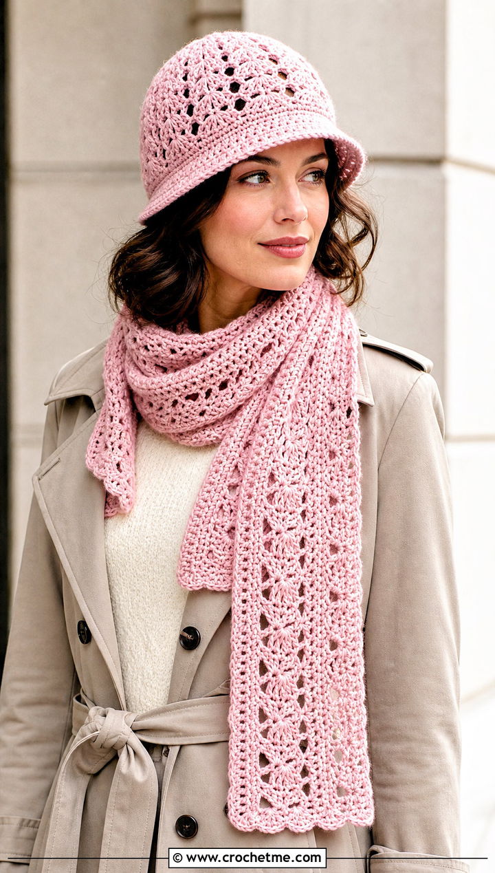 Cloche Hat And Lace Scarf Set With Trench Coat - 25 Crochet Scarf And Hat Set outfit ideas