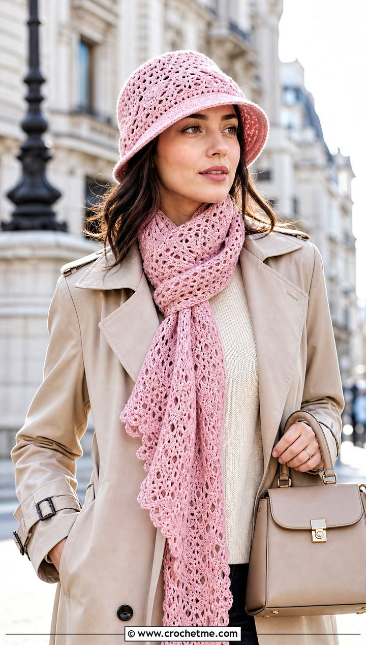 Cloche Hat And Lace Scarf With Trench Coat - 30 crochet hat and scarf outfit ideas