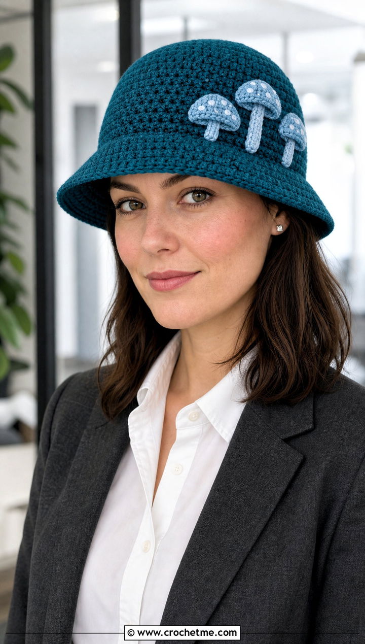 Cloche Mushroom Crochet Bucket Hat With Office Trousers - 15 Mushroom Crochet Bucket Hat outfit ideas