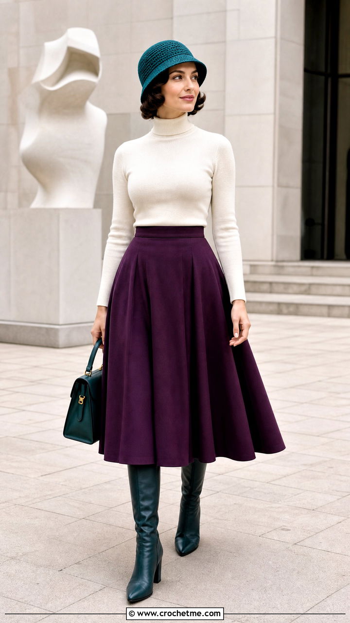 Cloche Shaped Crochet Bucket Hat With Turtleneck And A Line Skirt - 35 crochet bucket hats outfit ideas