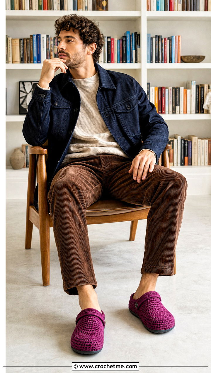 Clog Crochet Slippers With Corduroy Pants - 25 crochet slippers for men outfit ideas