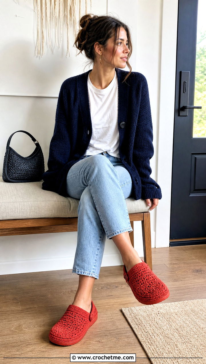 Clog Crochet Slippers With Jeans And Cardigan - 25 Cute Crochet Slippers outfit ideas
