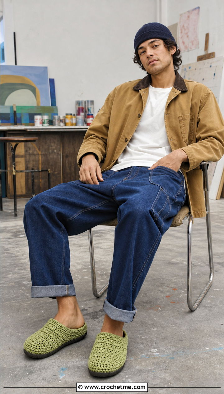 Clog Crochet Slippers With Workwear Jacket And Carpenter Pants - 30 easy mens crochet slippers outfit ideas
