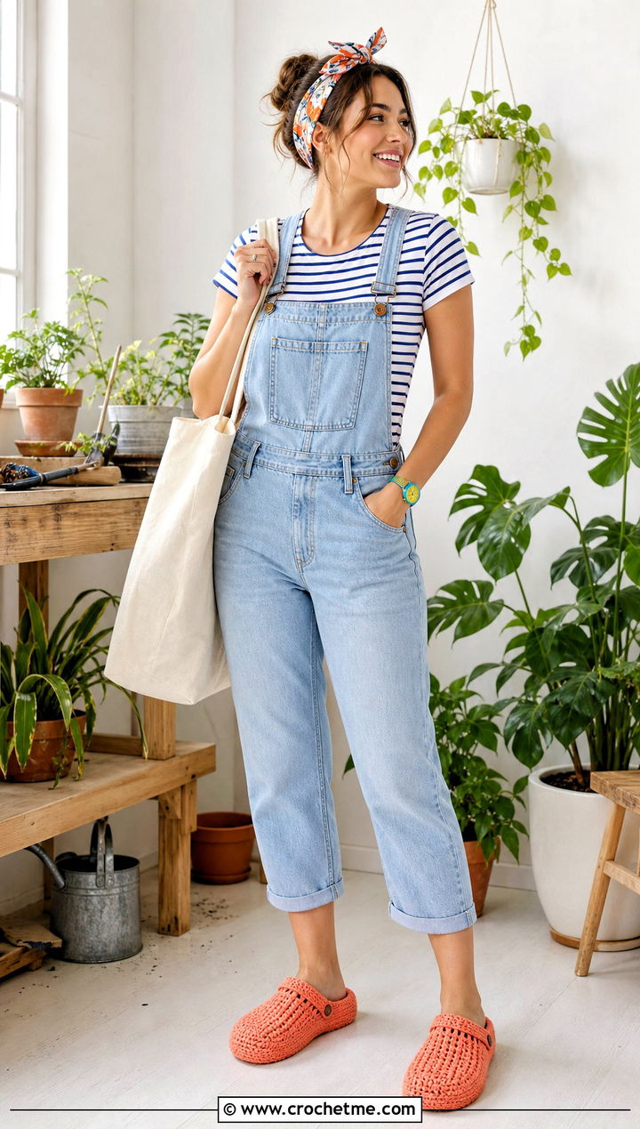 Clog Crocheted Slippers With Overalls - 35 crocheted slippers outfit ideas