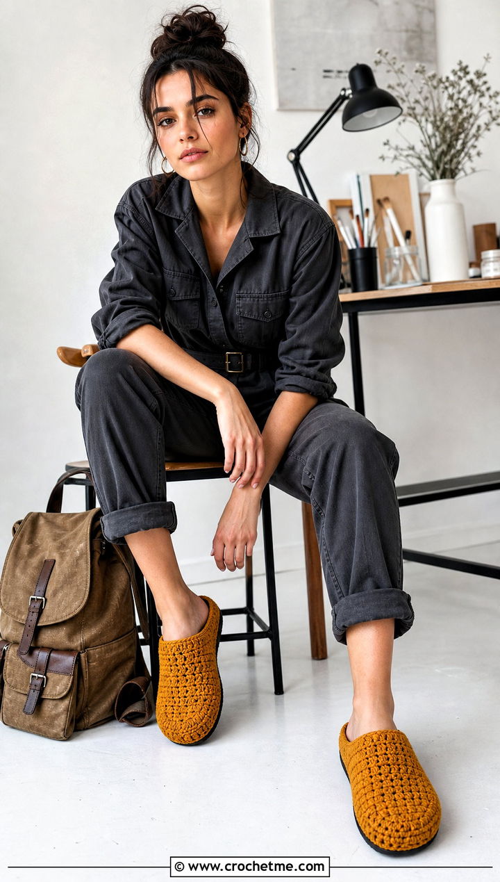 Clog Crocheted Slippers With Utility Jumpsuit - 25 Easy Crocheted Slippers outfit ideas