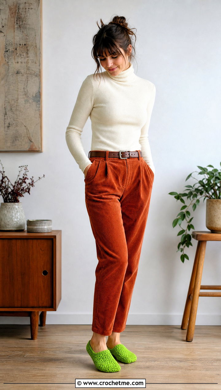 Clog Flat Crochet Socks With Turtleneck And Corduroy Pants - 25 flat crochet sock outfit ideas