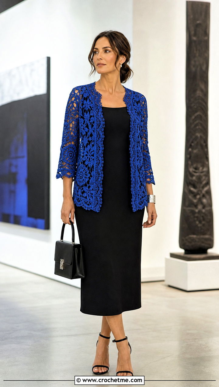 Clones Lace Irish Crochet Cardigan With Black Column Dress - 25 Irish Crochet Cardigan outfit ideas