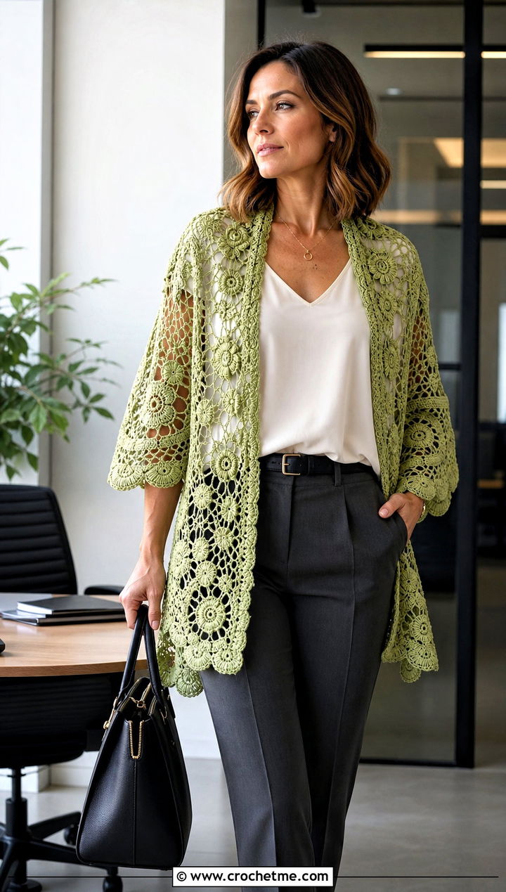 Clones Lace Triangle Irish Crochet Shawl With Tailored Trousers - 20 Irish Crochet Shawl outfit ideas