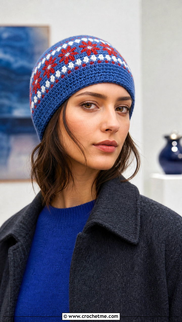 Close Fit Crochet Fair Isle Toque With Satin Skirt - 20 Crochet Fair Isle Beanie outfit ideas