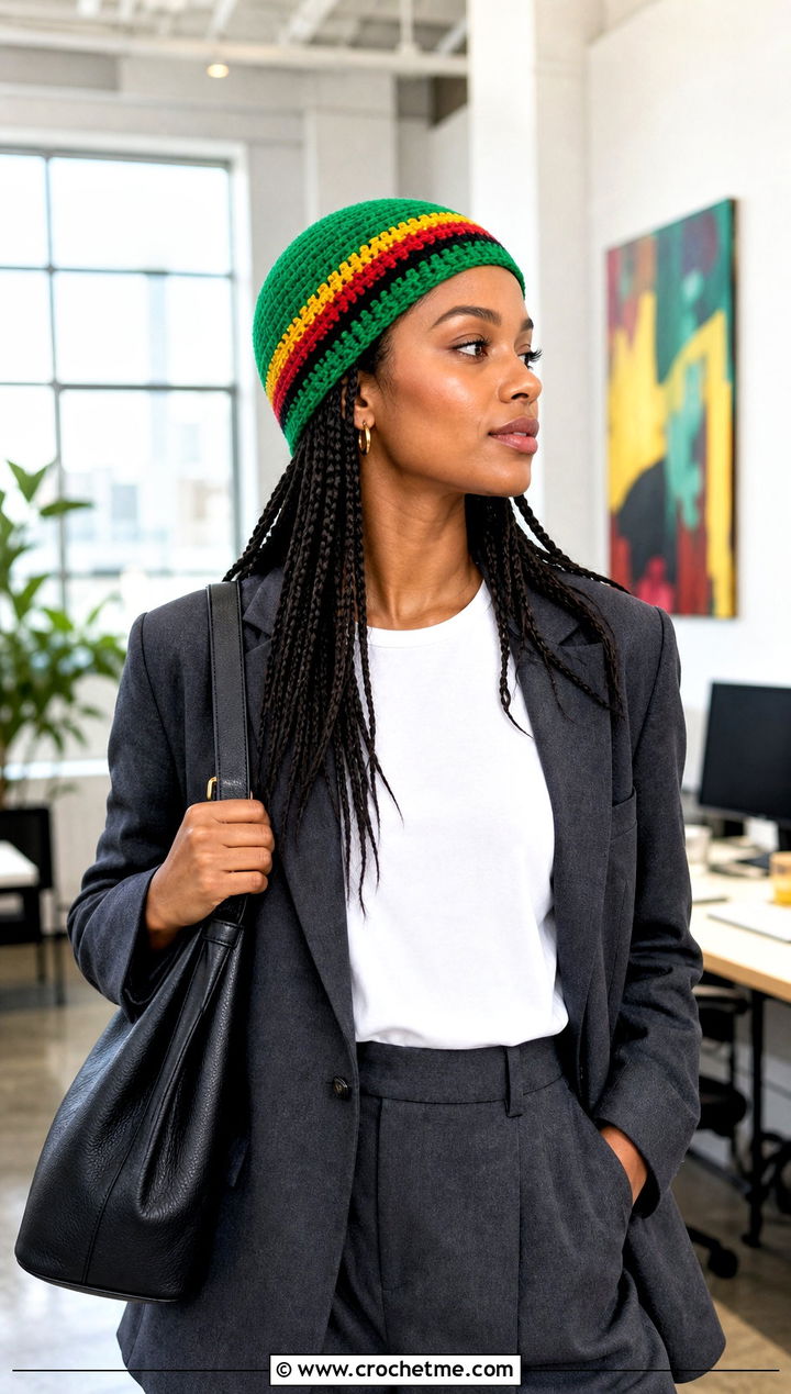 Close Fit Crochet Rasta Beanie With Pantsuit - 25 crochet rasta beanie outfit ideas