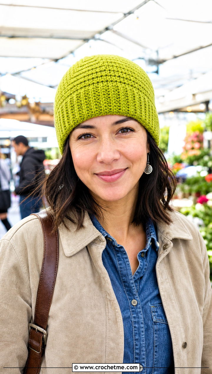 Close Fit Crochet Short Row Beanie With Western Denim Shirt - 20 Crochet Short Row Beanie outfit ideas