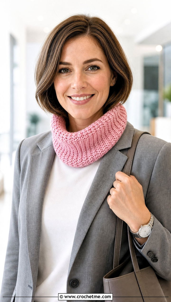 Close Fit Ribbed Crochet Snood Scarf With Trouser Suit - 25 snood crochet scarf outfit ideas