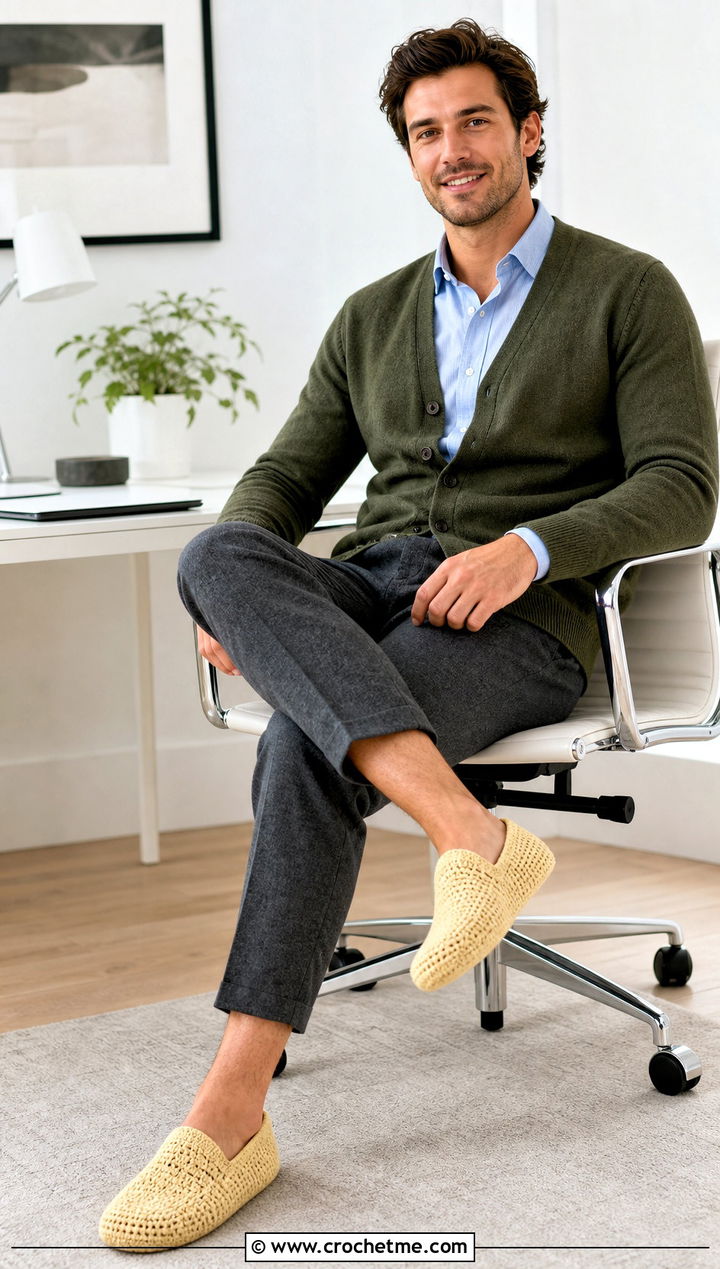 Closed Back Crochet Mens Slippers With a Home Office Outfit - 30 crochet men's slippers outfit ideas