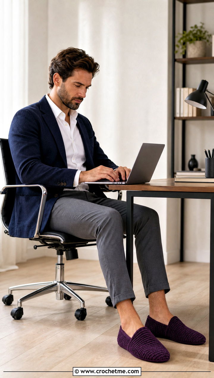 Closed Back Crochet Slippers With Business Casual Clothes - 25 crochet slippers for men outfit ideas
