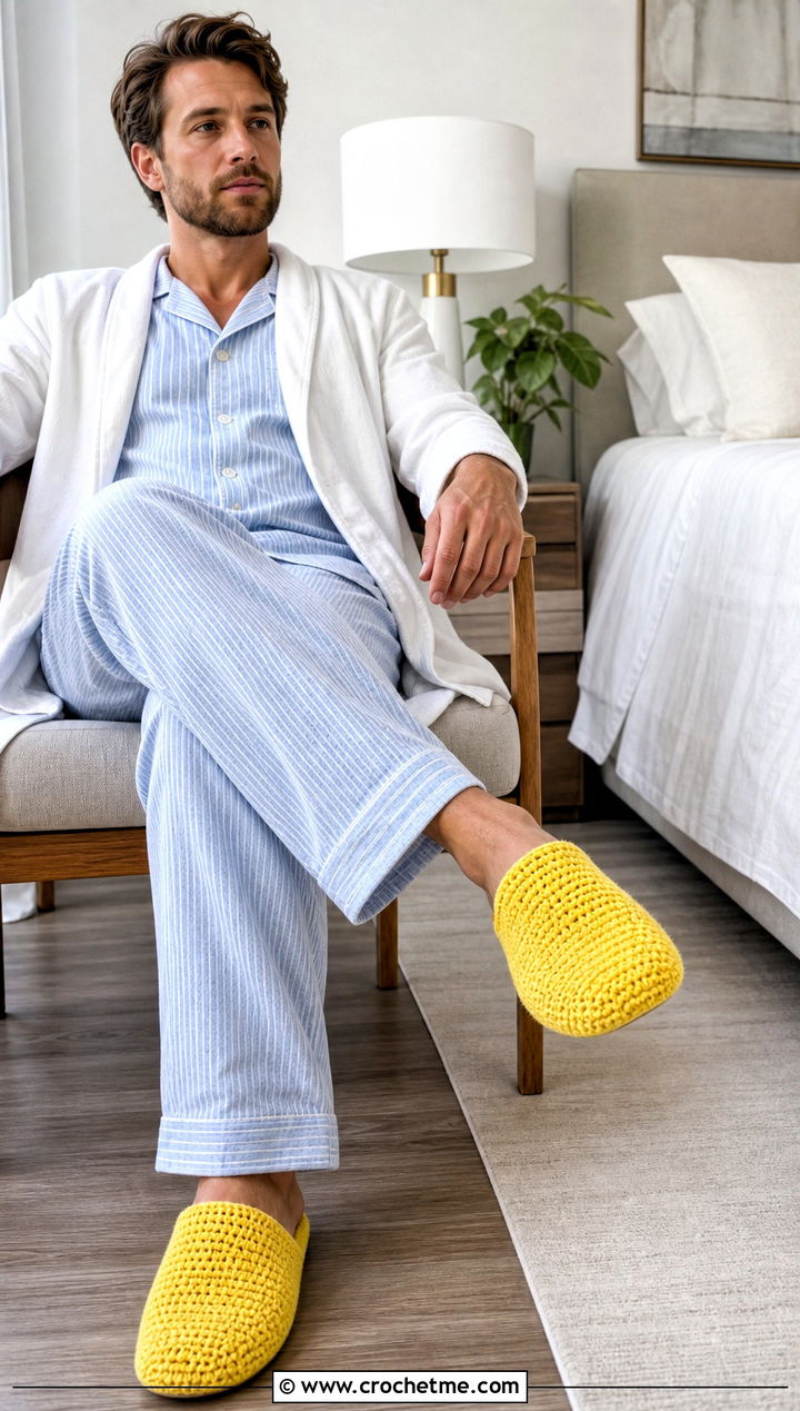 Closed Toe Crochet Slippers With Cotton Pajamas - 30 easy mens crochet slippers outfit ideas
