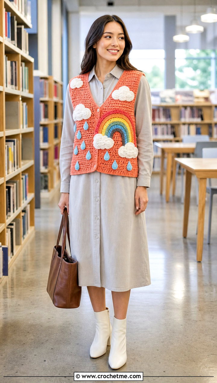 Cloud And Rainbow Crochet Amigurumi Vest With Shirt Dress - 15 Crochet Amigurumi Vest outfit ideas