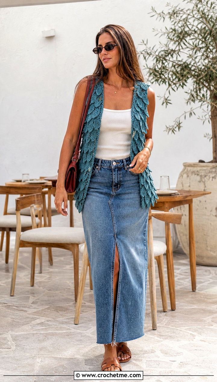 Cloud Rider Crochet Vest With Denim Maxi Skirt - 15 Cloud Rider Crochet Vest outfit ideas