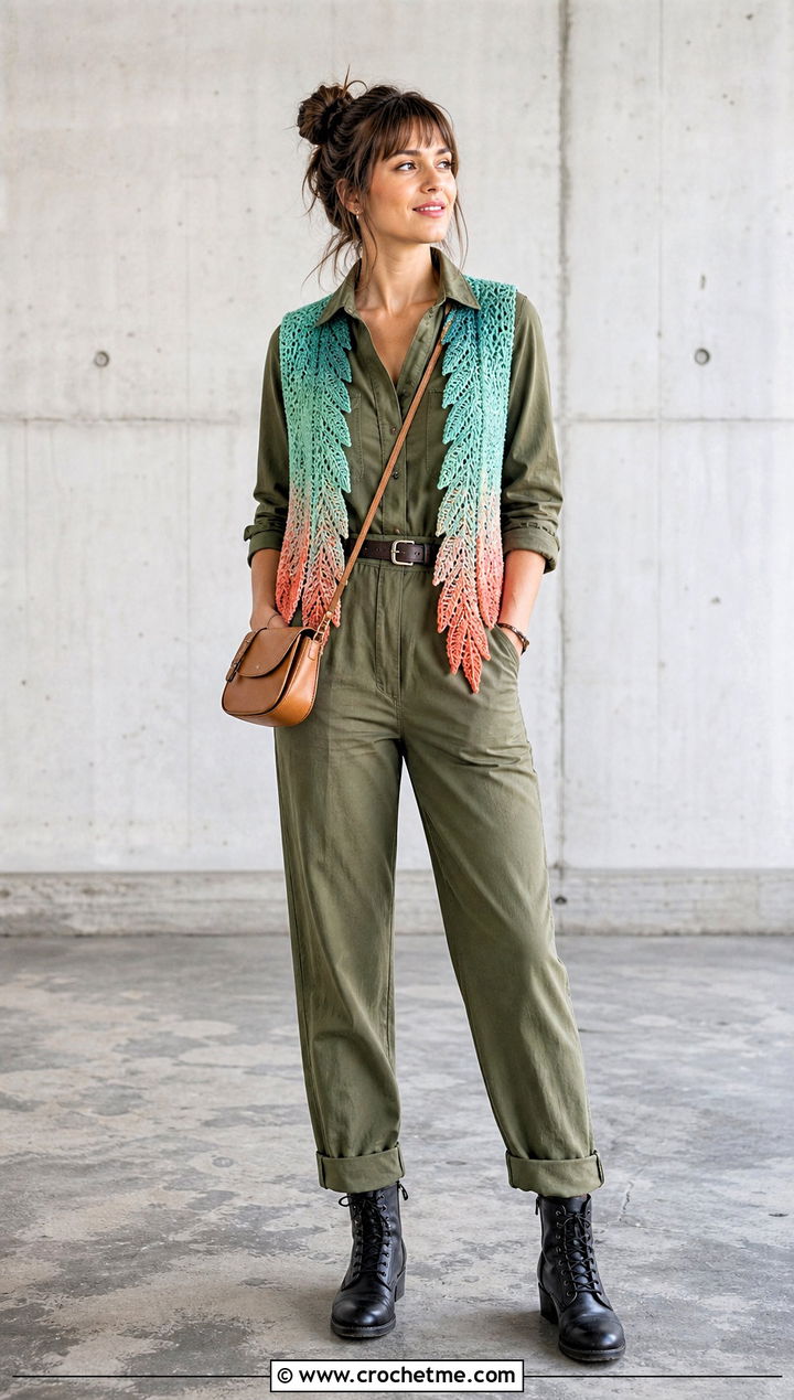 Cloud Rider Crochet Vest With Utility Jumpsuit - 15 Cloud Rider Crochet Vest outfit ideas