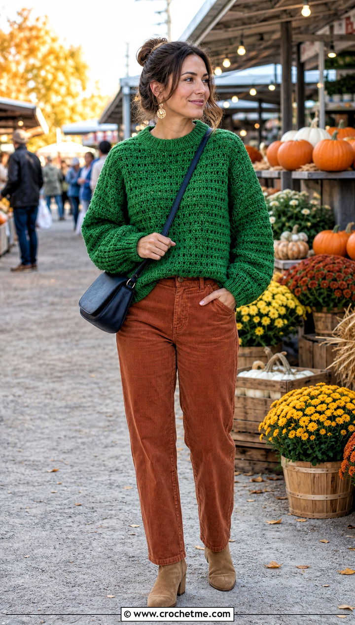 Clover Green Waffle Stitch Crochet Jumper With Corduroy Pants - 30 green crochet jumper outfit ideas
