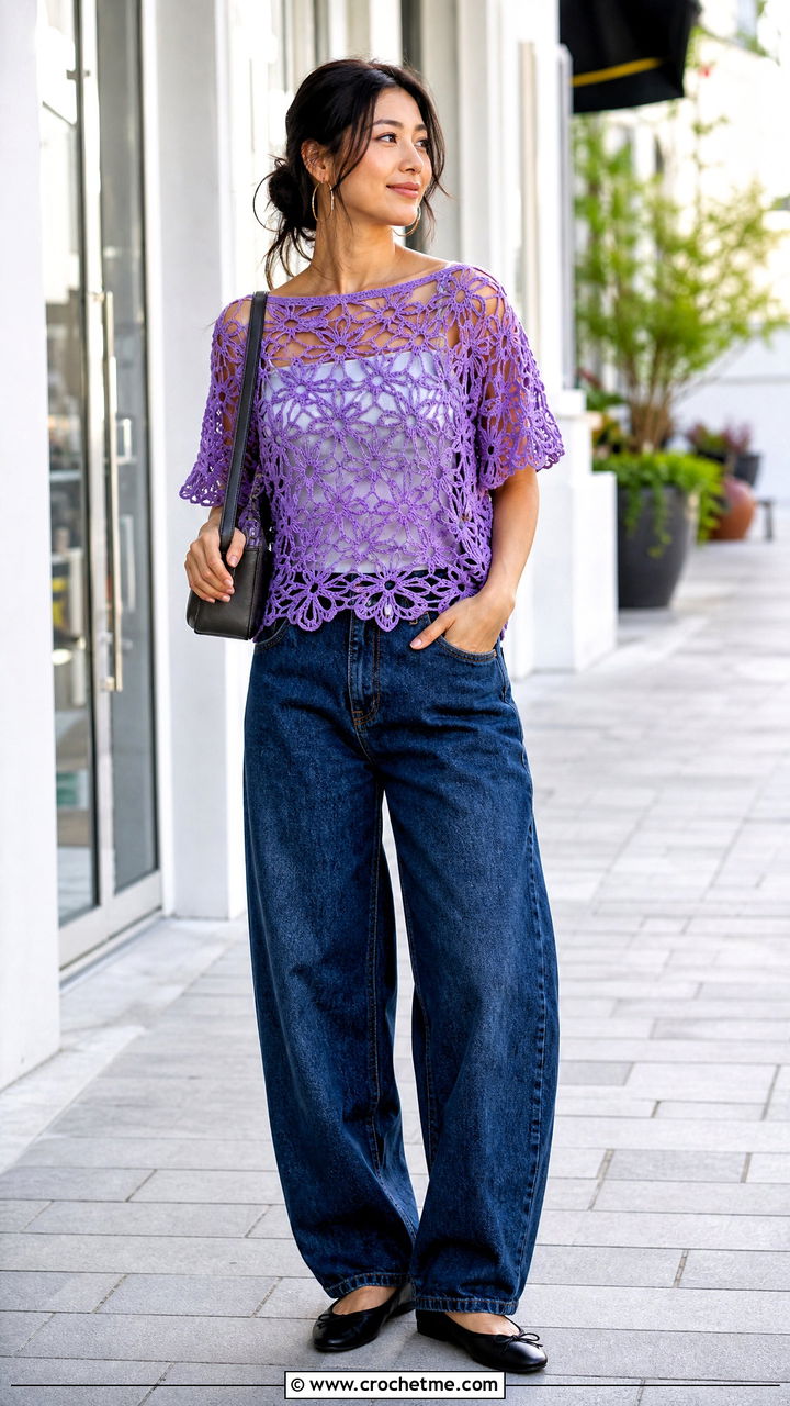 Clover Mesh Top With Barrel Jeans - 35 crochet net top outfit ideas
