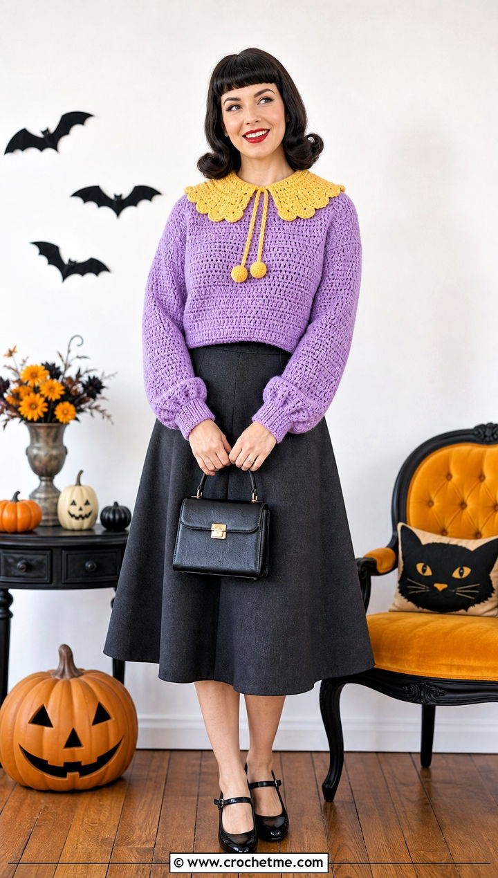 Clown Collar Crochet Sweater With A Line Skirt - 35 halloween crochet clothes and outfit ideas