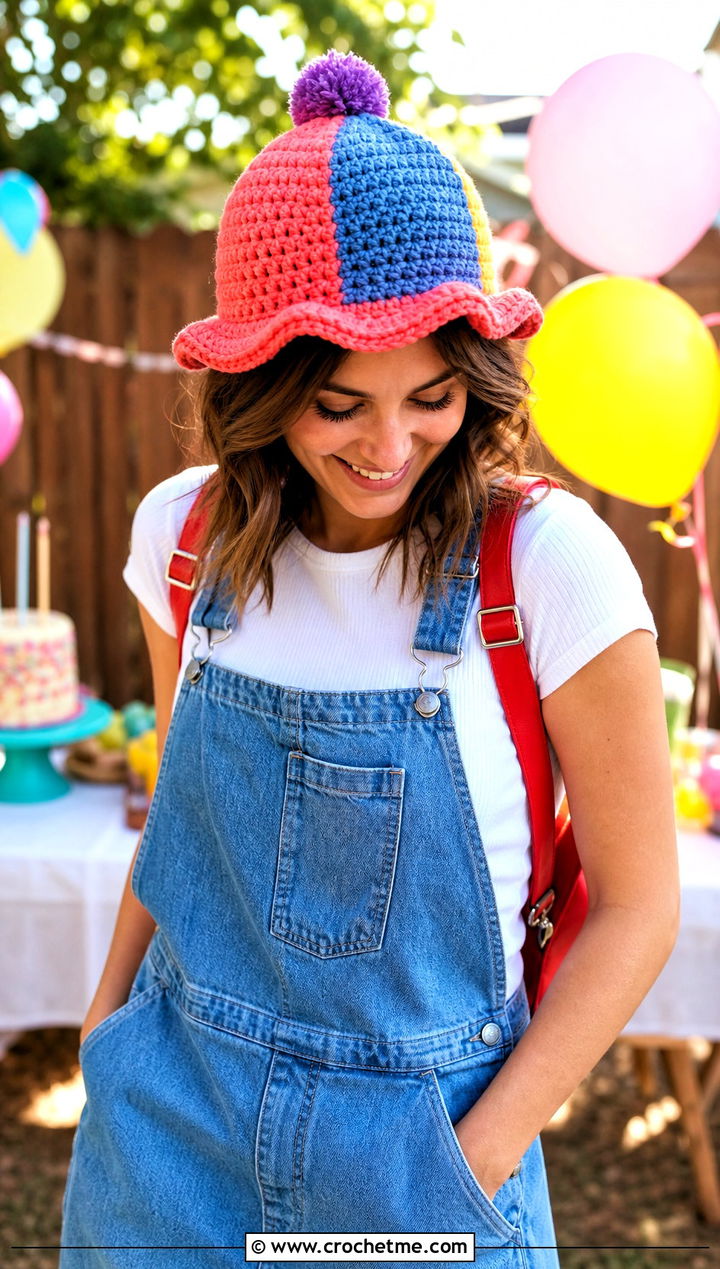 Clown Inspired Crochet Birthday Hat With Overalls - 30 crochet birthday hat outfit ideas