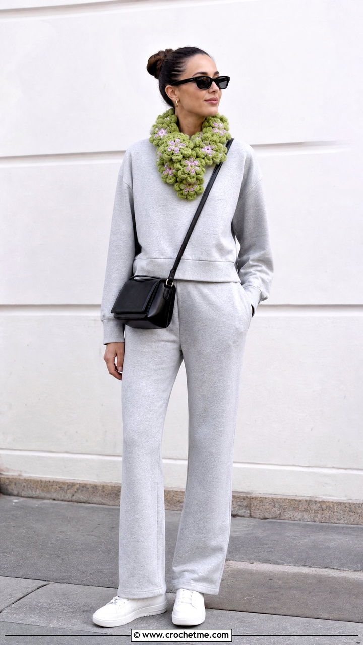 Cluster Flower Crochet Scarf With Sweatshirt And Track Pants - 35 crochet flower scarf outfit ideas