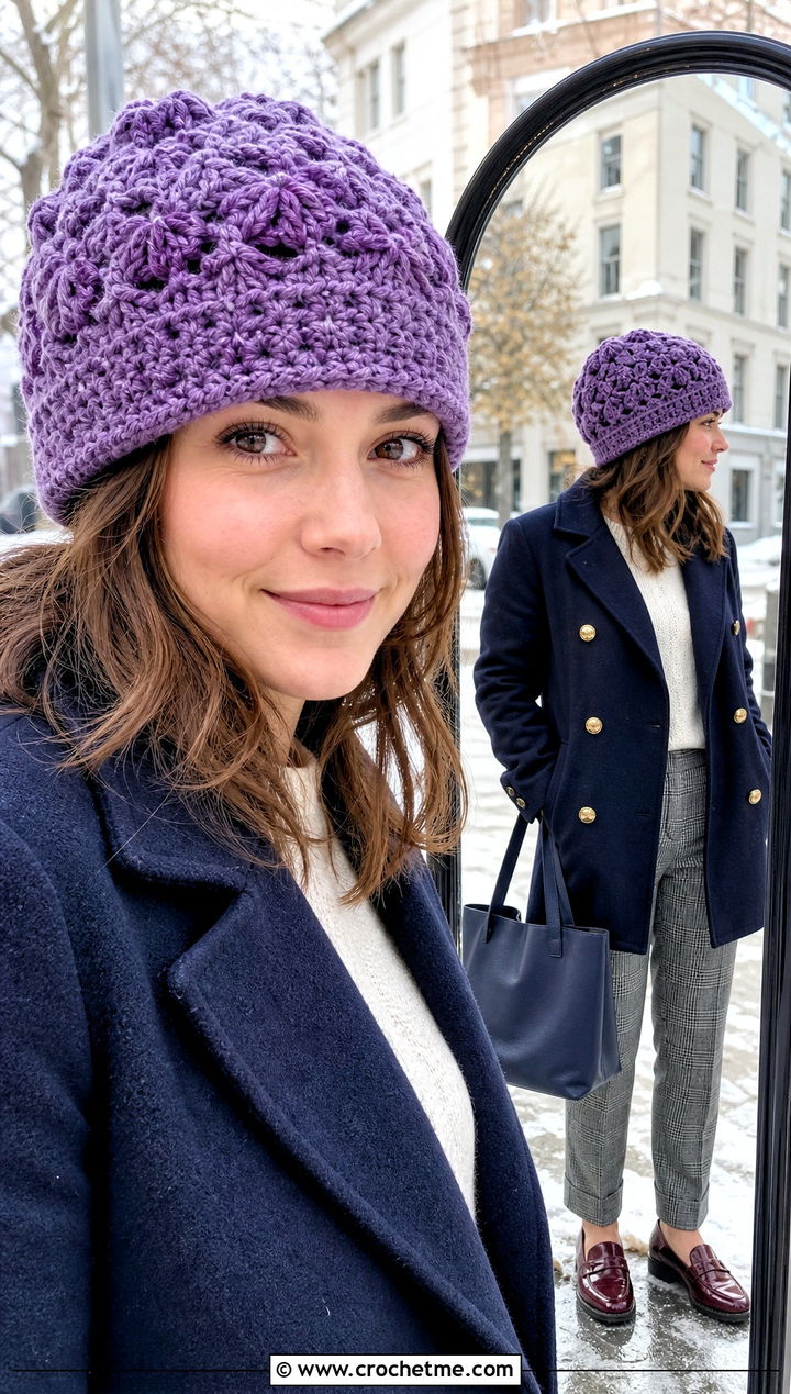 Cluster Lace Crochet Beanie With Peacoat And Plaid Trousers - 30 crochet lace beanie outfit ideas
