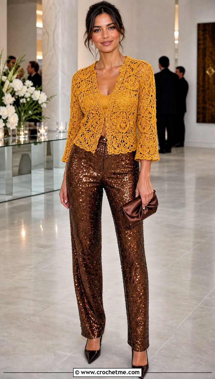 Cluster Lace Crochet Blouse With Sequin Trousers - 15 lace crochet blouse design outfit ideas