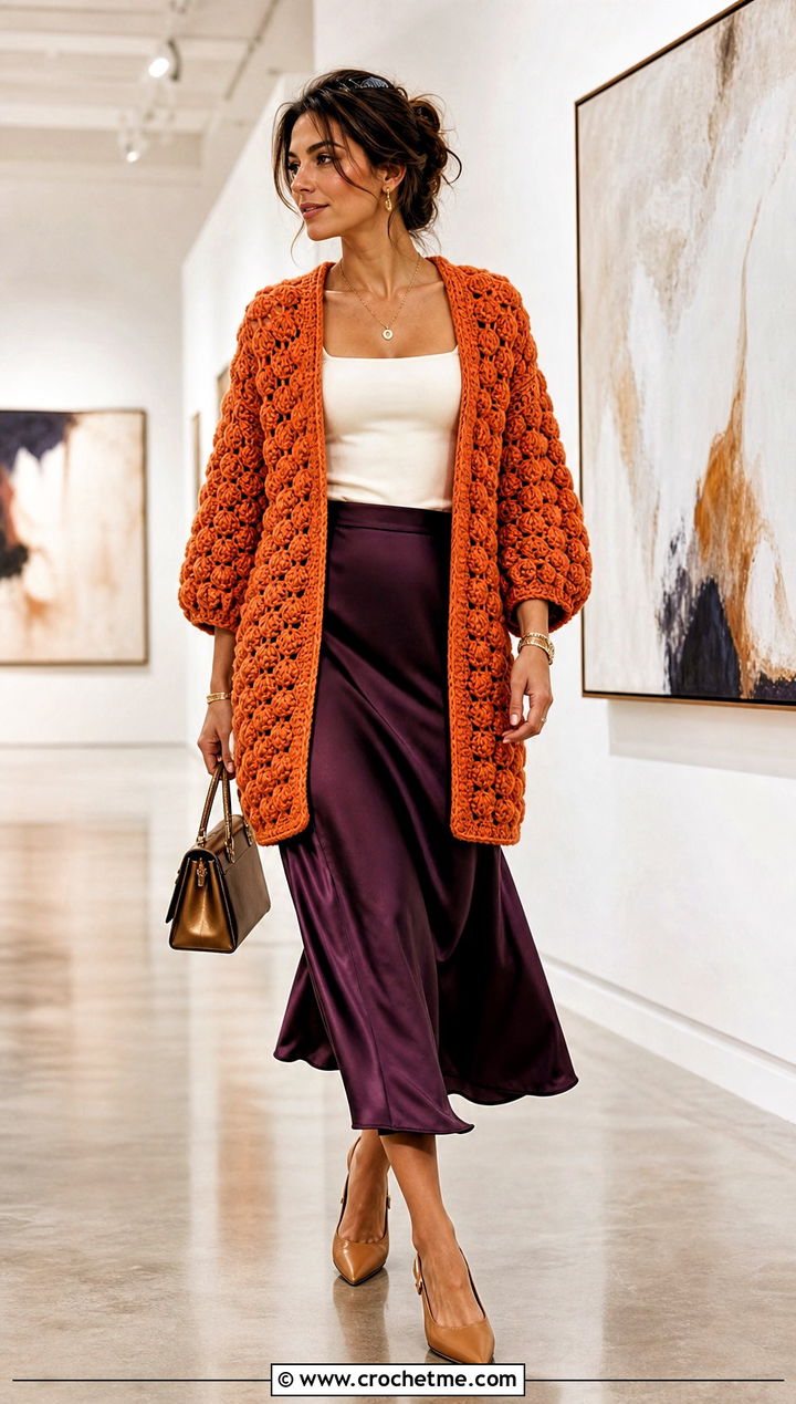 Cluster Stitch Blanket Crochet Cardigan With Satin Skirt - 25 blanket crochet cardigan outfit ideas
