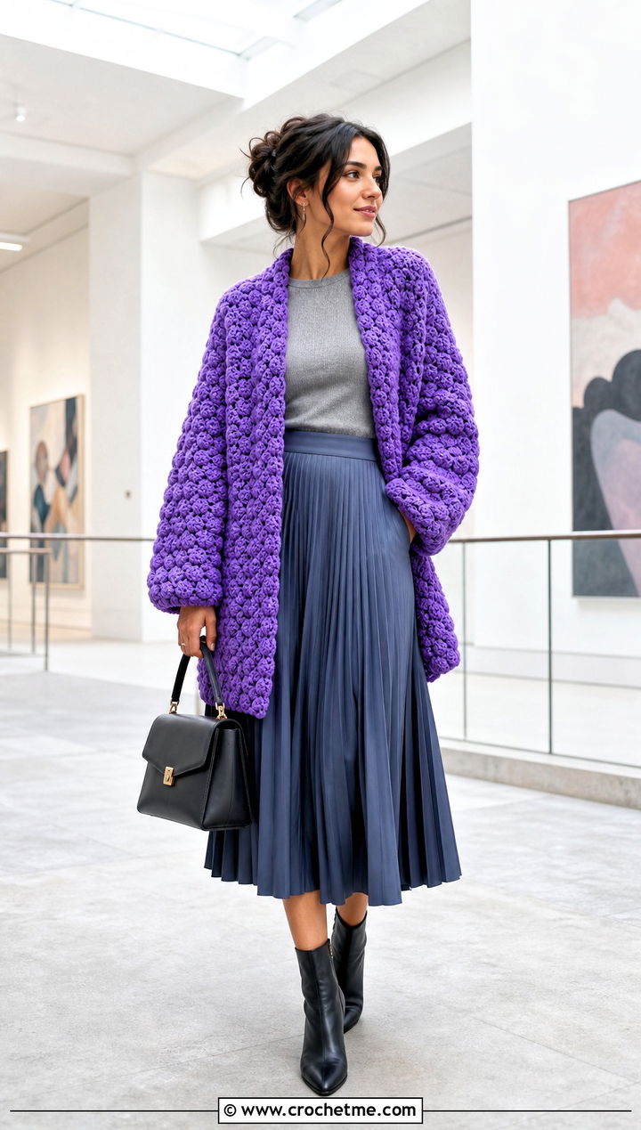 Cluster Stitch Cocoon Crochet Cardigan With Midi Skirt - 25 Cocoon Crochet Cardigan outfit ideas