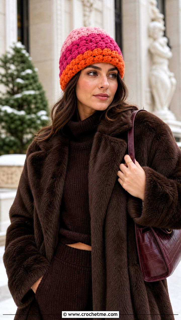 Cluster Stitch Color Block Crochet Beanie With Faux Fur Coat - 20 Color Block Crochet Beanie outfit ideas
