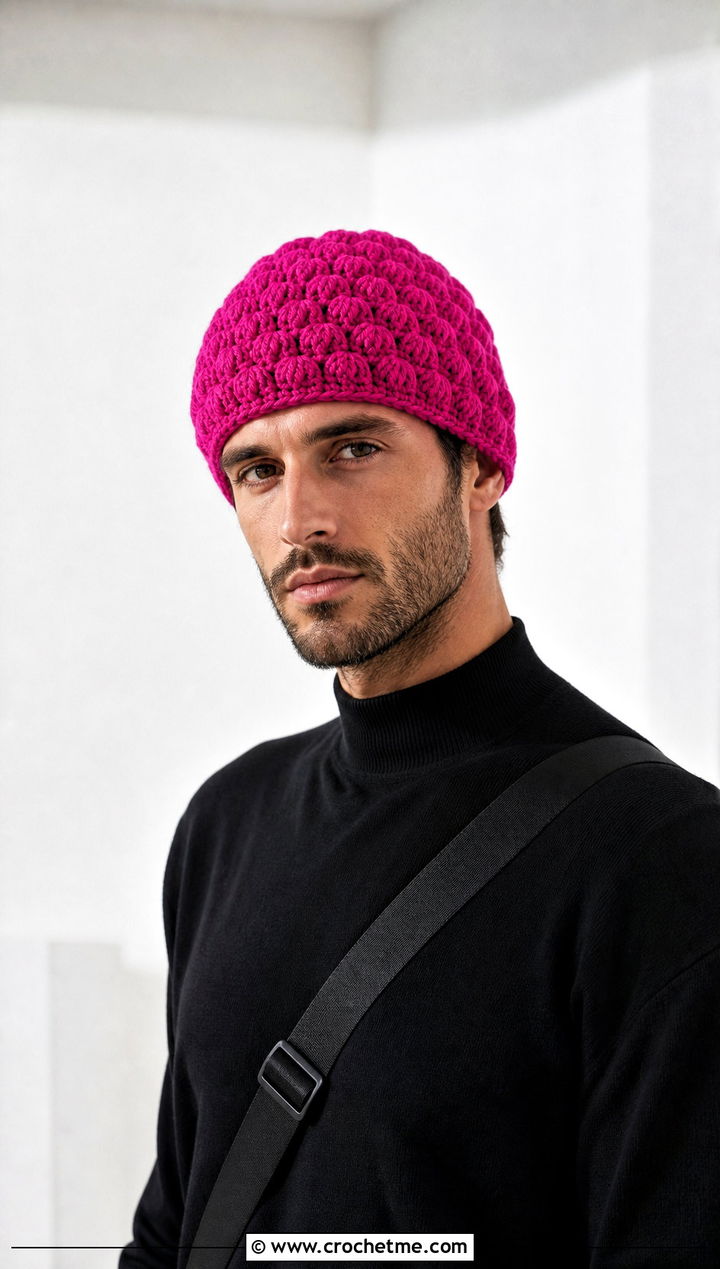 Cluster Stitch Crochet Beanie With Monochrome Outfit - 30 mens crochet hats men's beanie outfit ideas