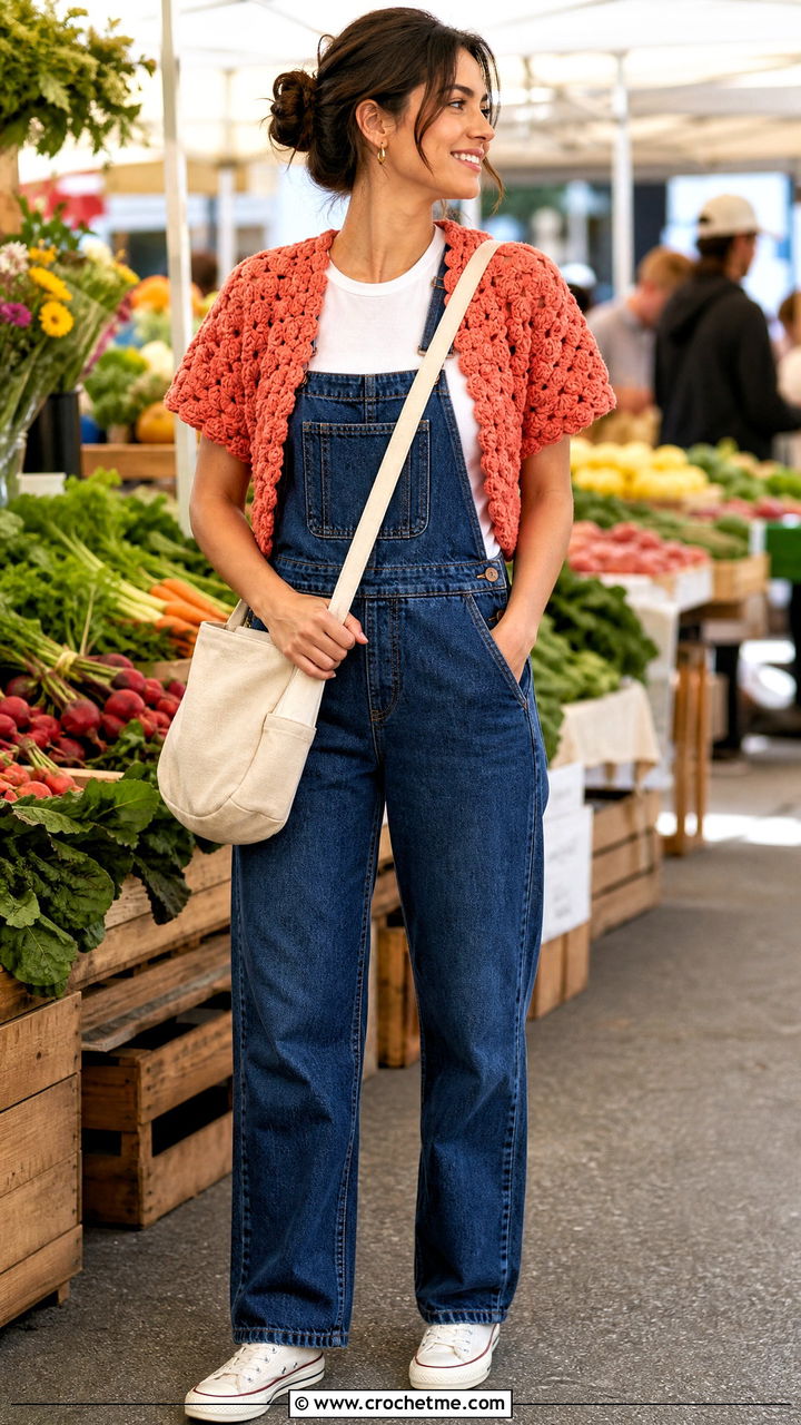 Cluster Stitch Crochet Bolero With Denim Overalls - 35 crochet bolero outfit ideas