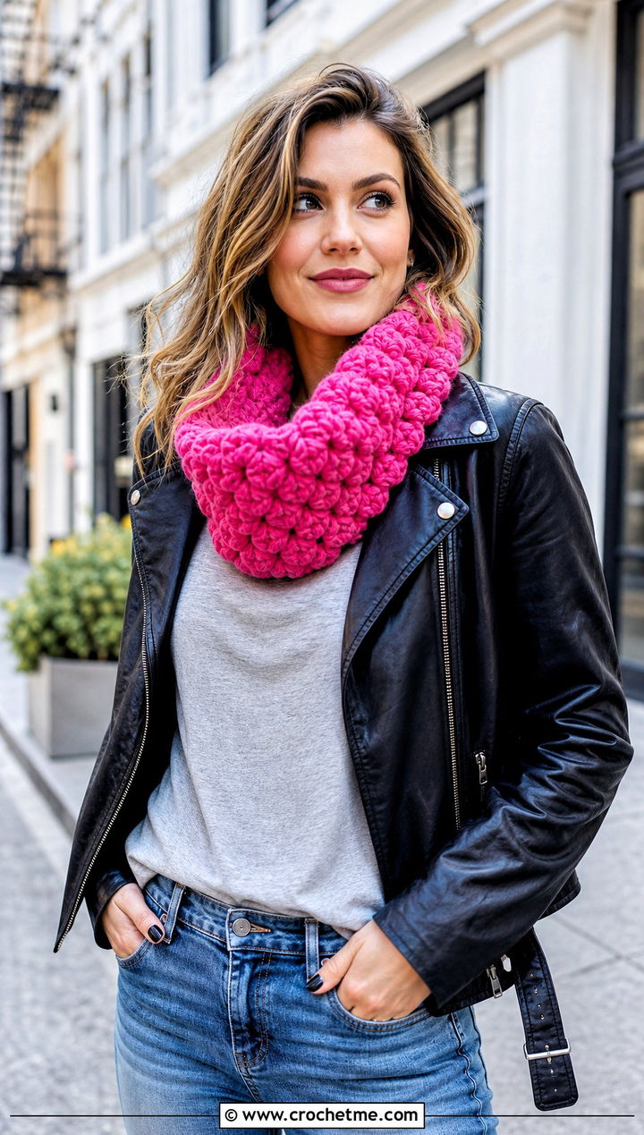 Cluster Stitch Crochet Chunky Cowl With Leather Jacket - 30 crochet chunky cowl outfit ideas