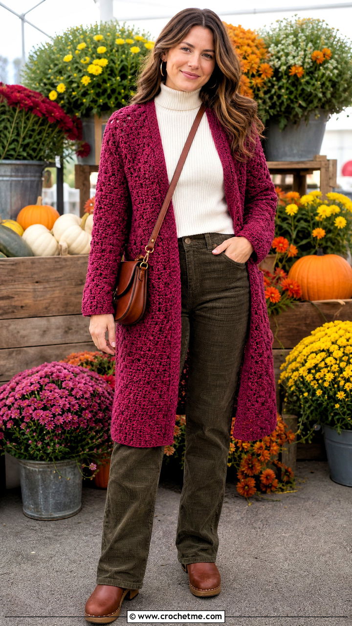 Cluster Stitch Crochet Duster Cardigan With Corduroy Pants - 35 crochet duster cardigan outfit ideas