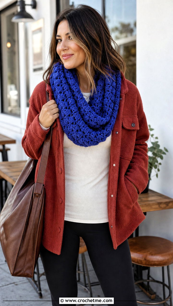 Cluster Stitch Crochet Infinity Scarf With Shacket - 30 crochet infinity scarves outfit ideas