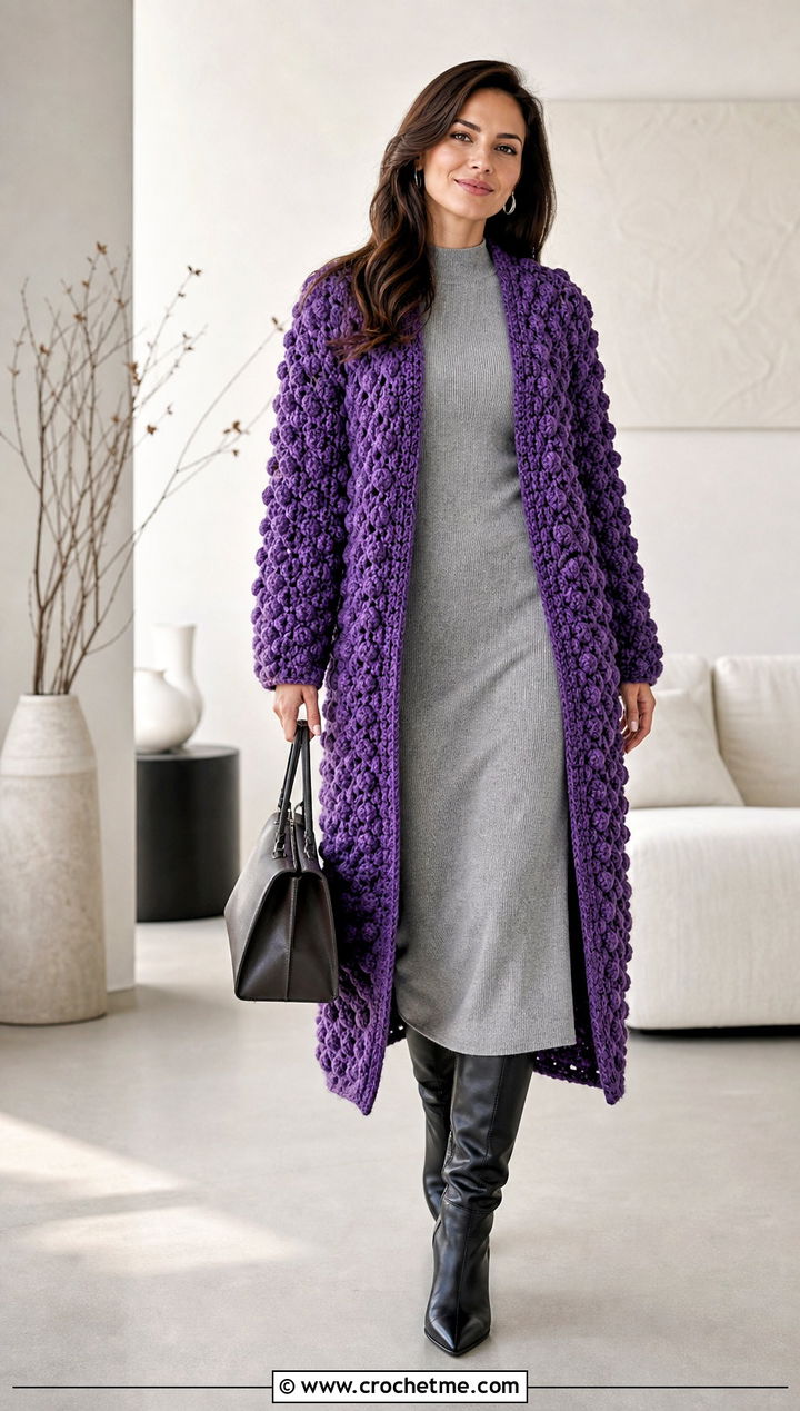 Cluster Stitch Crochet One Piece Cardigan With Knit Dress - 30 crochet one piece cardigan outfit ideas