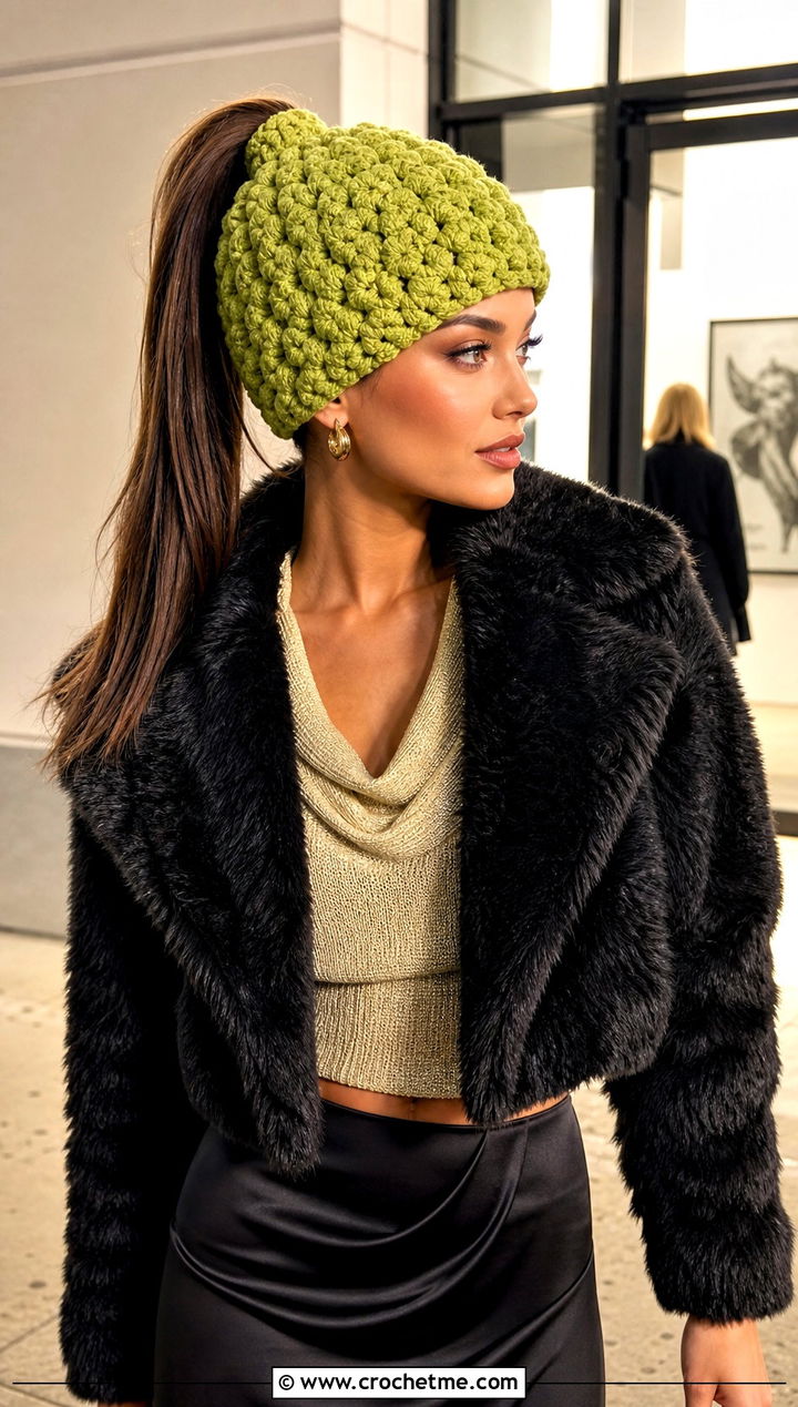 Cluster Stitch Crochet Ponytail Beanie With Faux Fur Coat And Satin Skirt - 20 Crochet Beanie With Ponytail Hole Hat outfit ideas