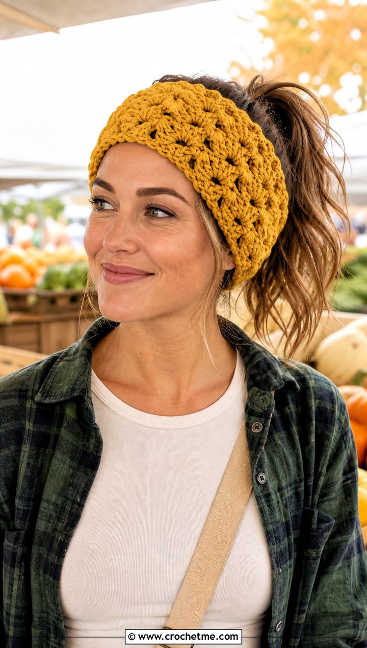 Cluster Stitch Crochet Ponytail Headband With Flannel Shirt - 25 crochet headband with ponytail hole outfit ideas