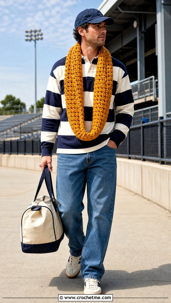 Cluster Stitch Crochet Scarf With Rugby Shirt - 35 men crochet scarf outfit ideas